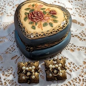 Delicate Antique Etruscan Seed Pearl Earrings W/ Lovely Blue Heart Trinket Dish